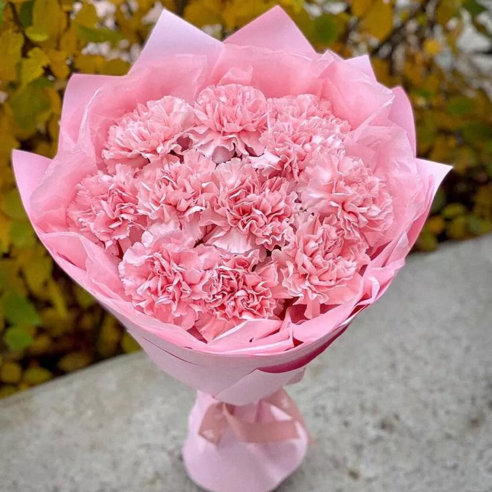 Букет из 11 ярких розовых гвоздик  в розовом оформлении
